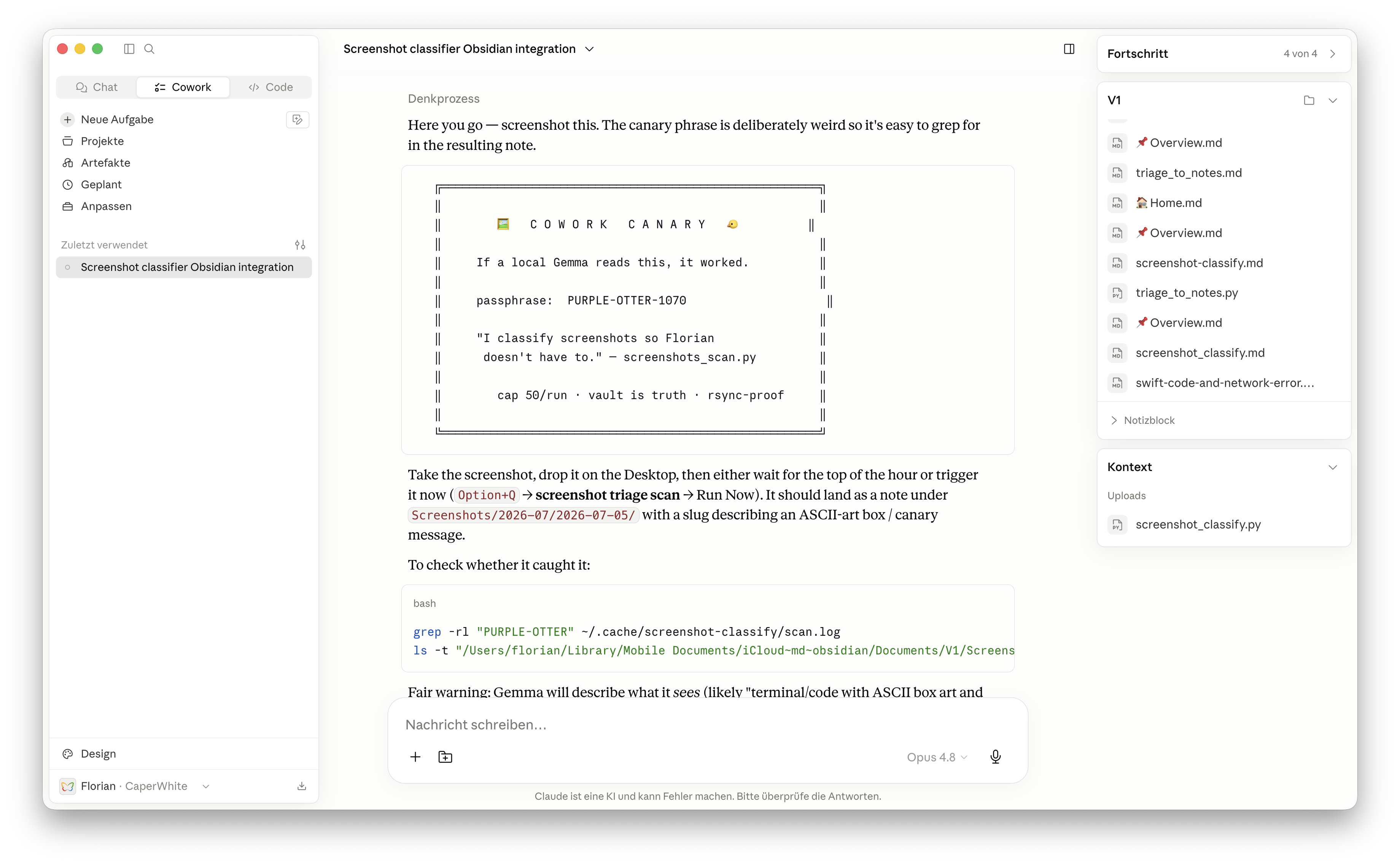 The canary card Claude drew for the test — an ASCII-art box reading: if a local Gemma reads this, it worked