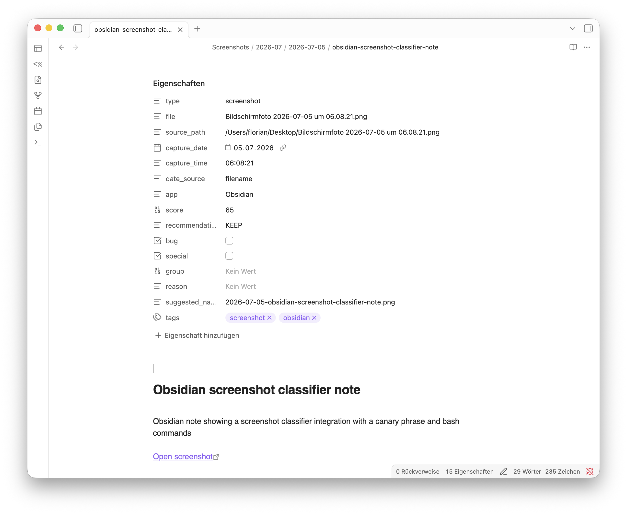 Gemma's note in the vault, describing the card as a screenshot classifier integration with a canary phrase and bash commands