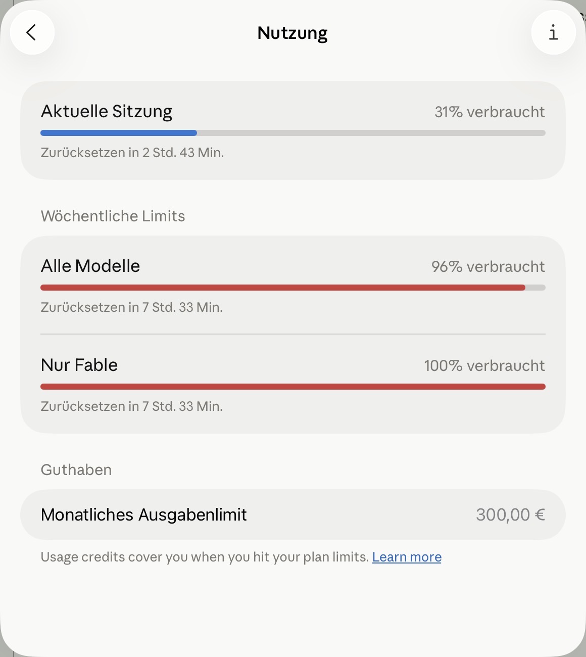 Usage screen with two weekly-limit bars pinned in the red: "Nur Fable" (Fable only) at 100% used, "Alle Modelle" (all models) at 96%, and a €300 monthly credit ceiling below.