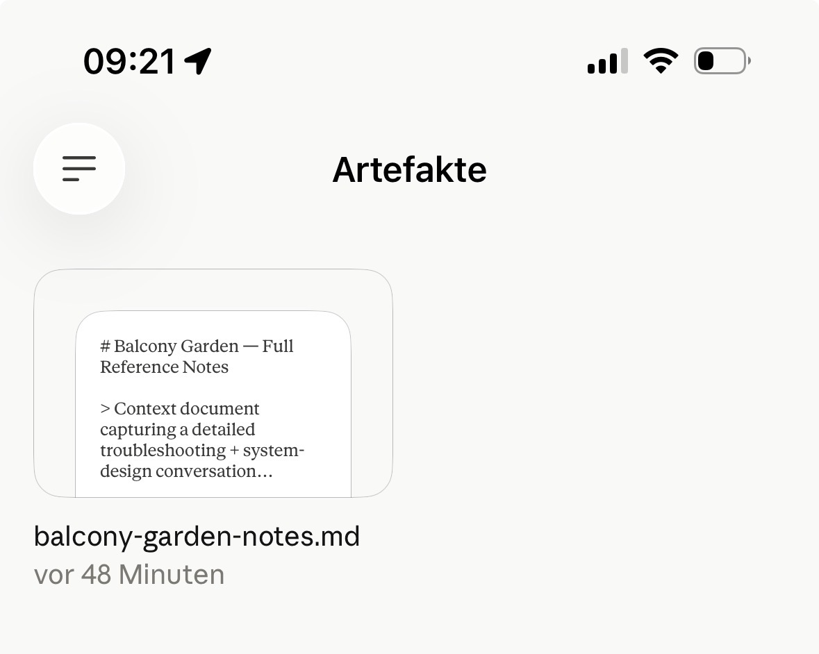 My garden notes, stranded in the phone's artifacts drawer — written, visible, forty-eight minutes old, and with nowhere to go.