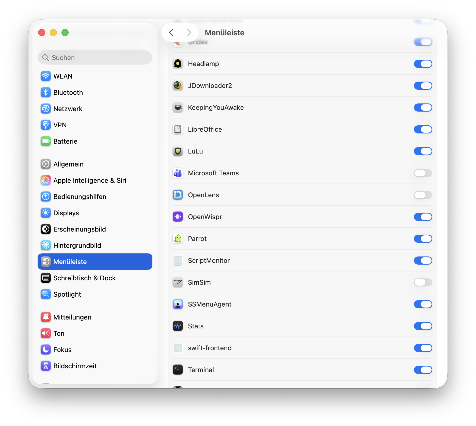 The Menu Bar pane in System Settings — SimSim, with its little bat icon, toggled off