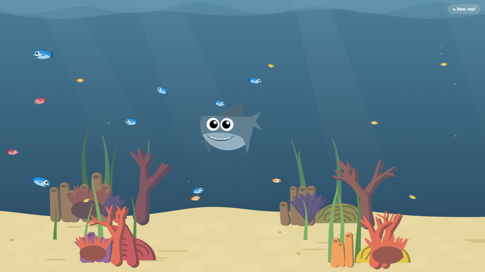 A cartoon shark cruising through the middle of the reef, grinning, fish scattered around it on a sunlit sandy floor.