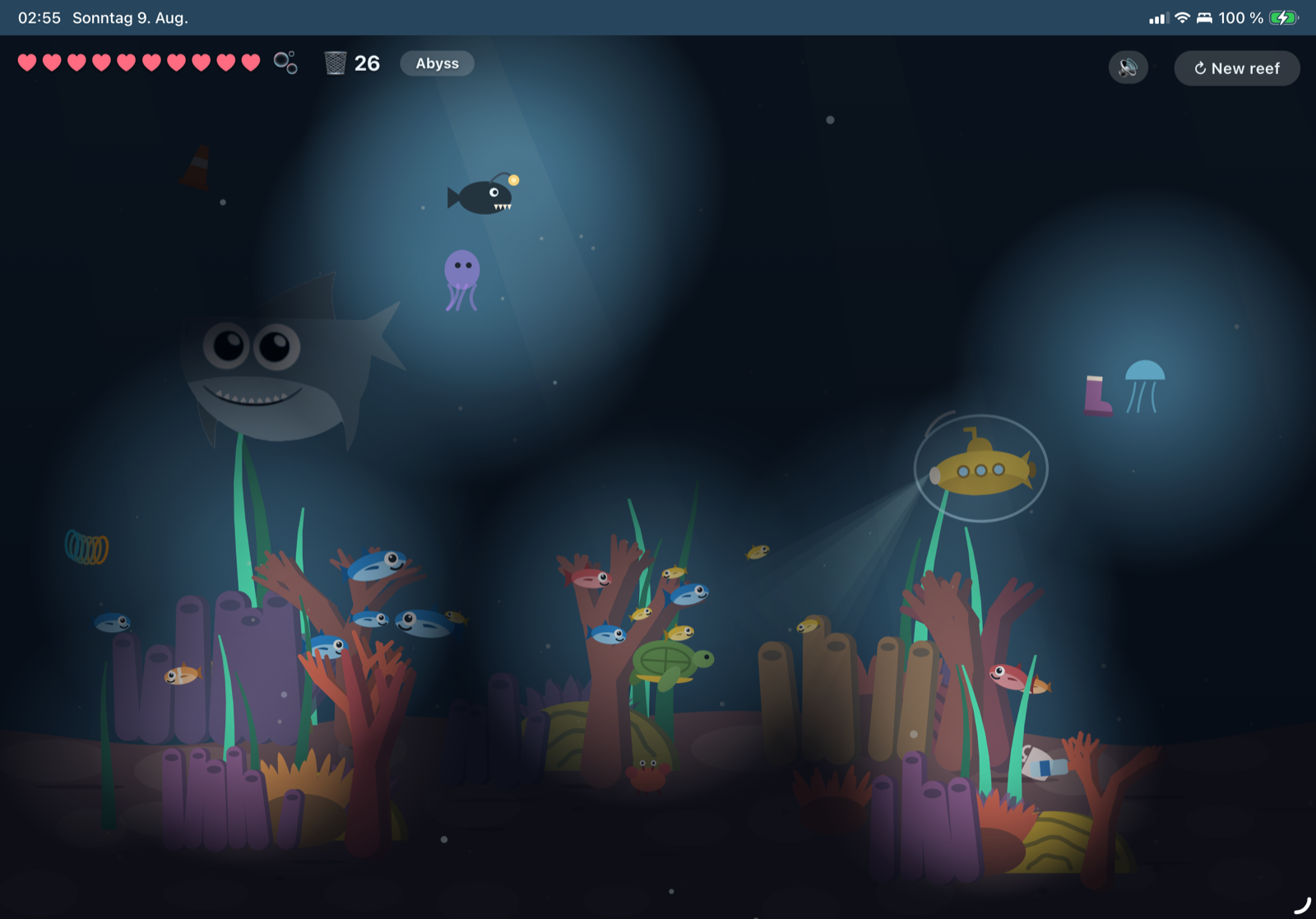 The abyss: almost black water lit only by an anglerfish's lamp and two drifting jellyfish, the shark a grey silhouette in the gloom, the submarine holding its bubble on the right.