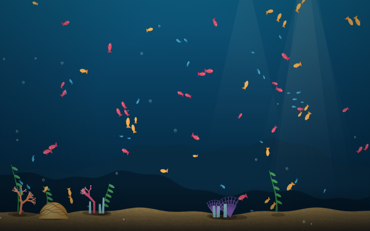 Claude's aquarium: fish schools at different depths, corals, kelp, light rays in twilight water.