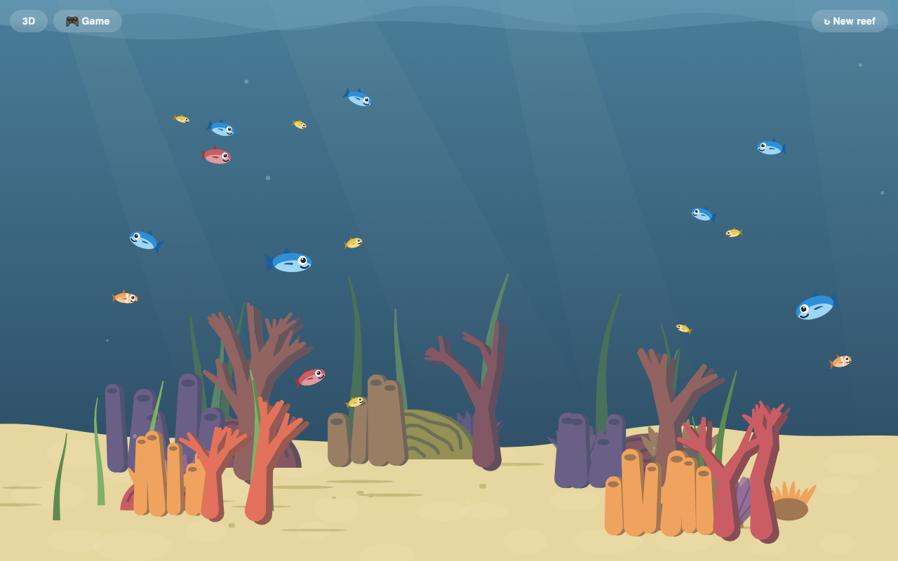 Fish Slop's reef: cartoon fish over layered corals, with 3D and Game buttons in the corner.