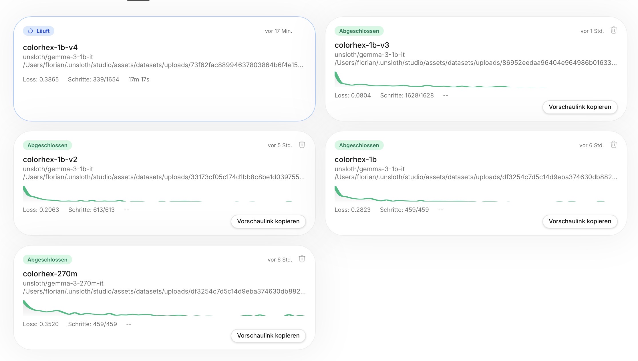 The training job board: version 3 finished, version 4 already running — the day's whole lineage on one screen.