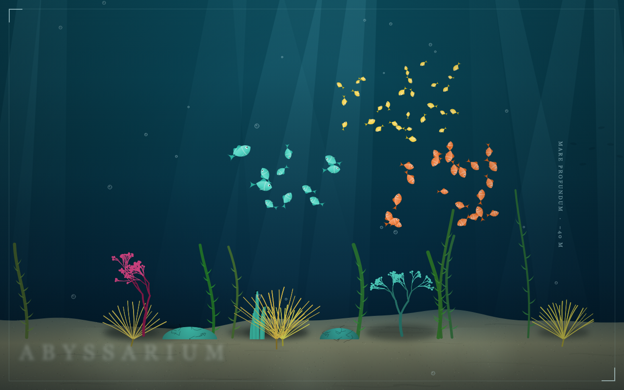 Abyssarium: fish swarms in three colors, light rays from the top, shade on a sandy bottom — the prompt, kept.