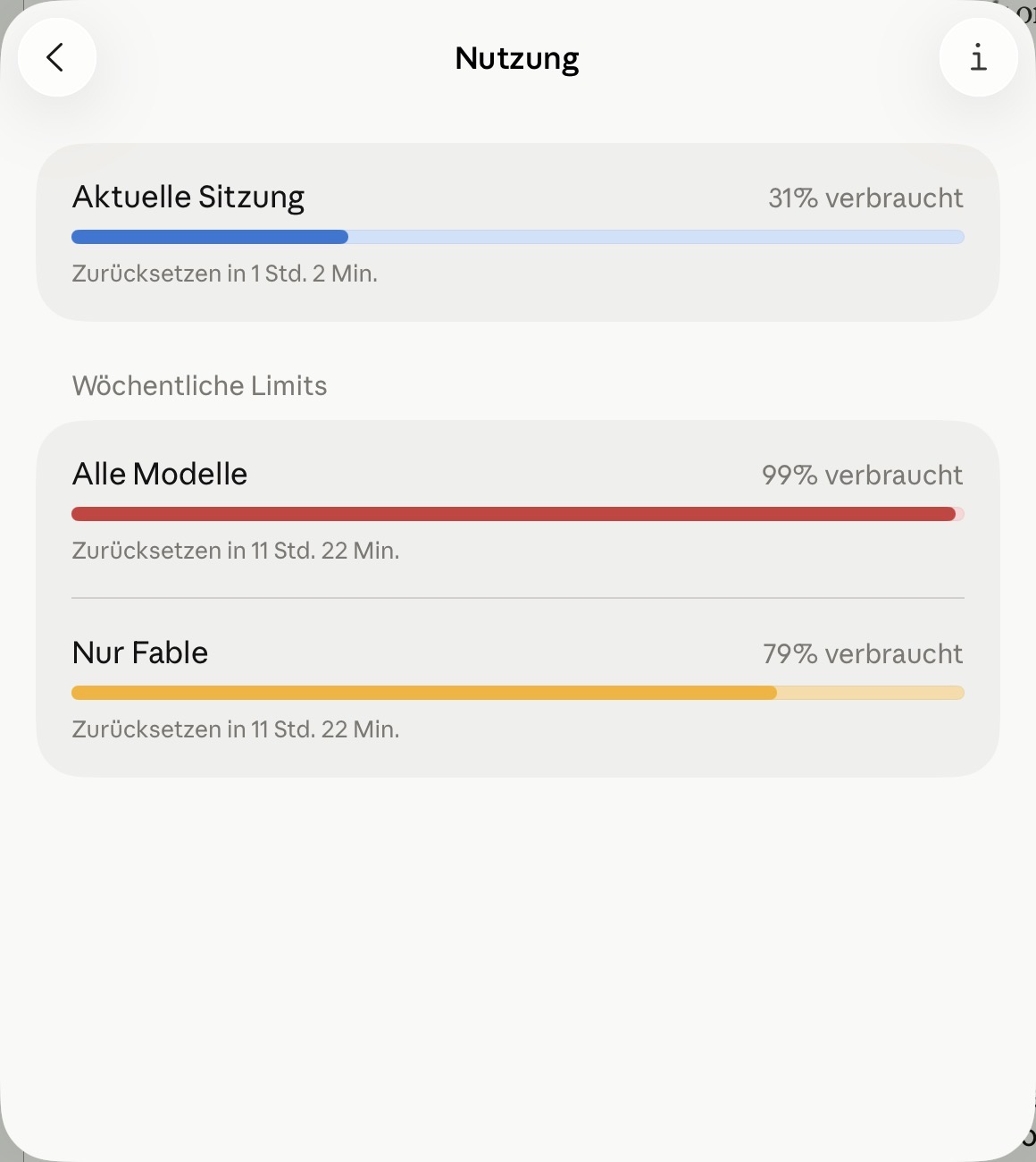The usage screen: current session at 31%, weekly limit at 99% — red bar, resets in eleven hours.
