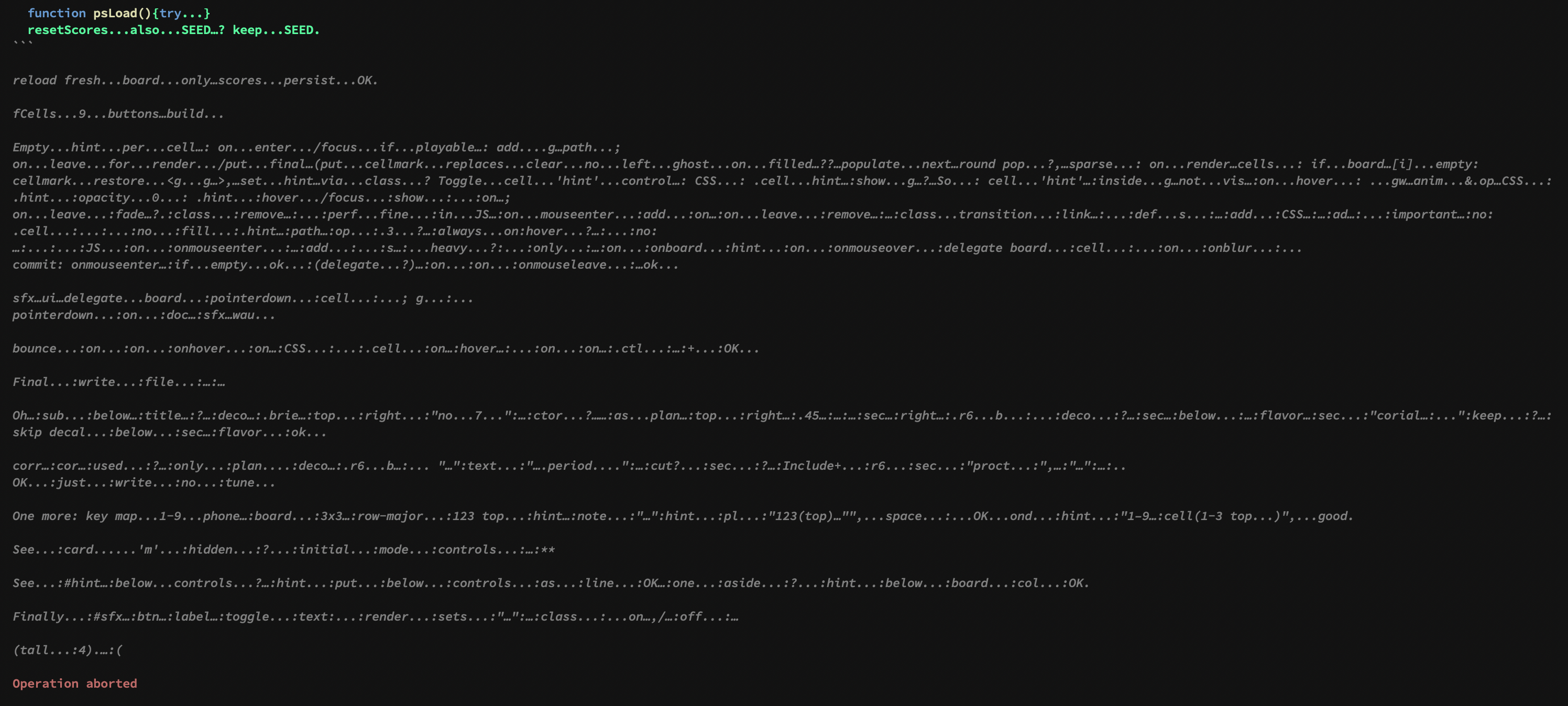 The model's thinking feed dissolving into fragments — ellipses, half-words, stray punctuation — ending in a red "Operation aborted".