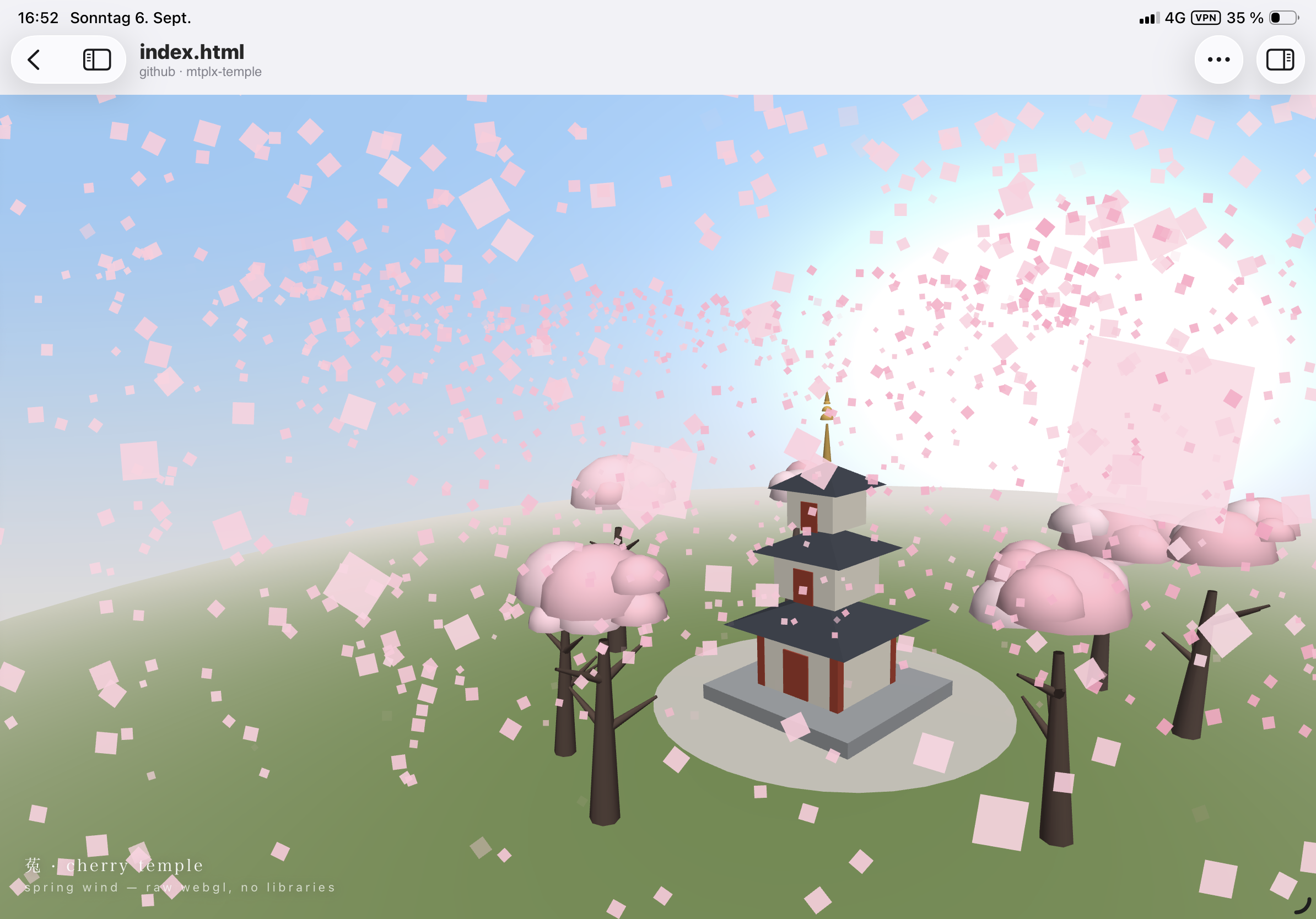 A three-tier pagoda with dark flared roofs and a gold spire on a stone plinth, cherry trees with pink canopies, a soft sun, and hundreds of pink petals drifting across a pale blue sky. Caption in the corner: cherry temple — spring wind, raw webgl, no libraries.