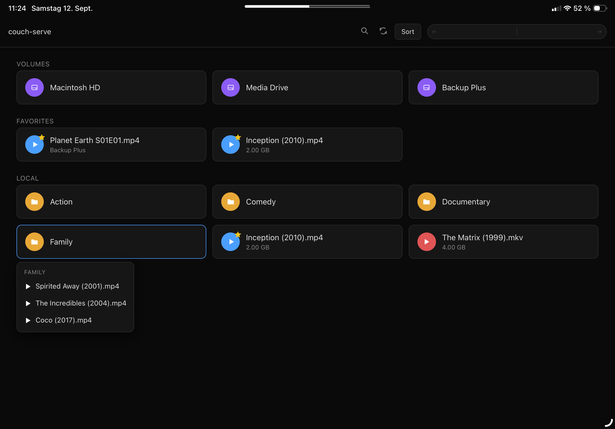 couch-serve on an iPad: volumes, favorites, folders, and videos on a dark UI