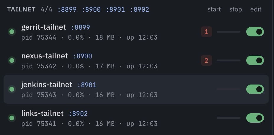 The devboard Tailnet project: gerrit, nexus, jenkins, and links — all four running