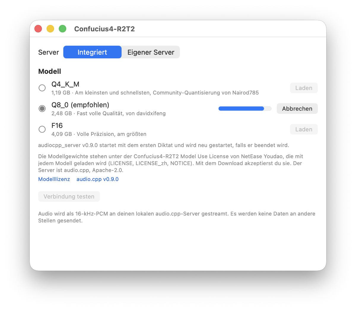 The plugin's settings in TypeWhisper, in German: Built-in server, three model sizes, the recommended one downloading