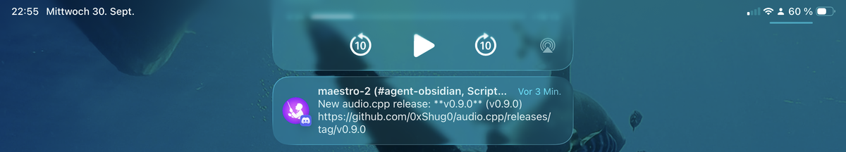 A Discord notification on my iPad: "New audio.cpp release: v0.9.0"