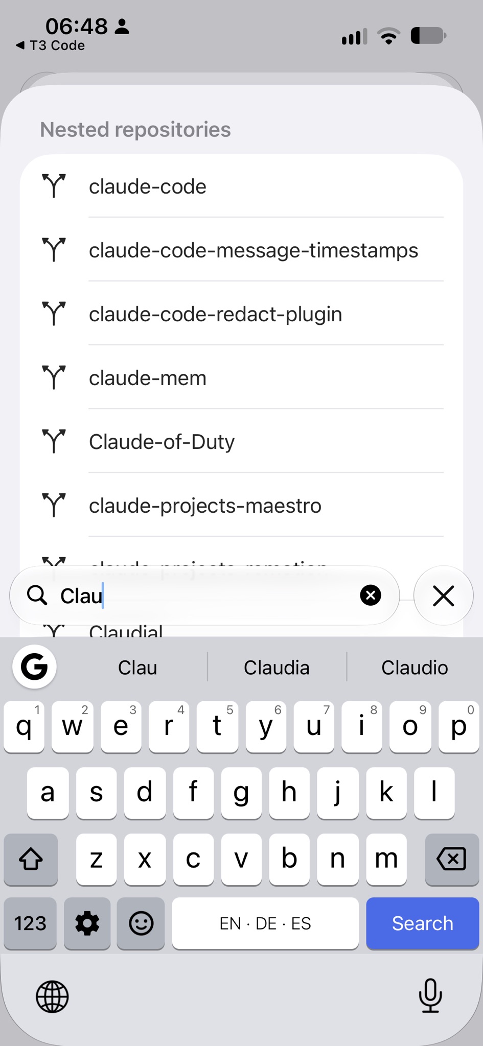 Searching the project list for "Clau"