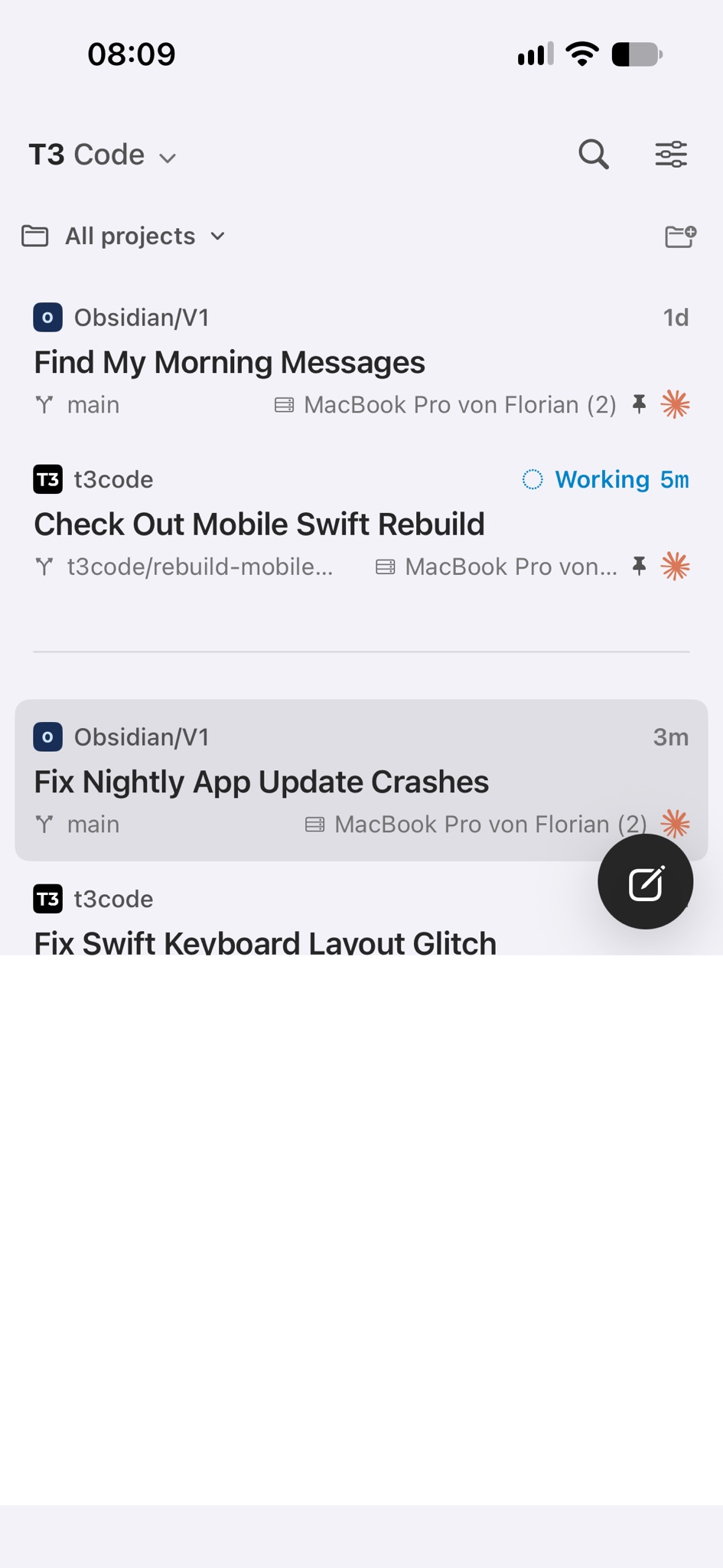 The thread list, with the bottom of the screen gone white
