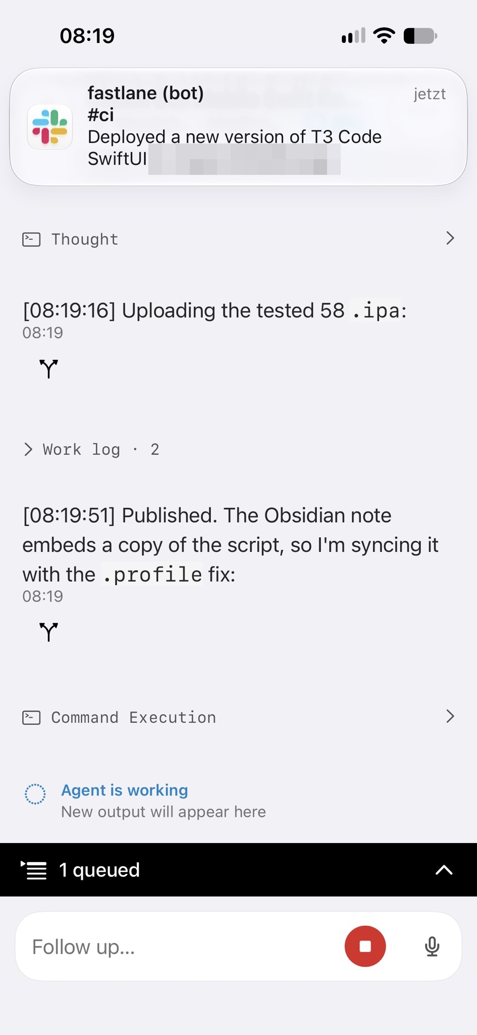 The release bot announcing the new build, with the next task already queued