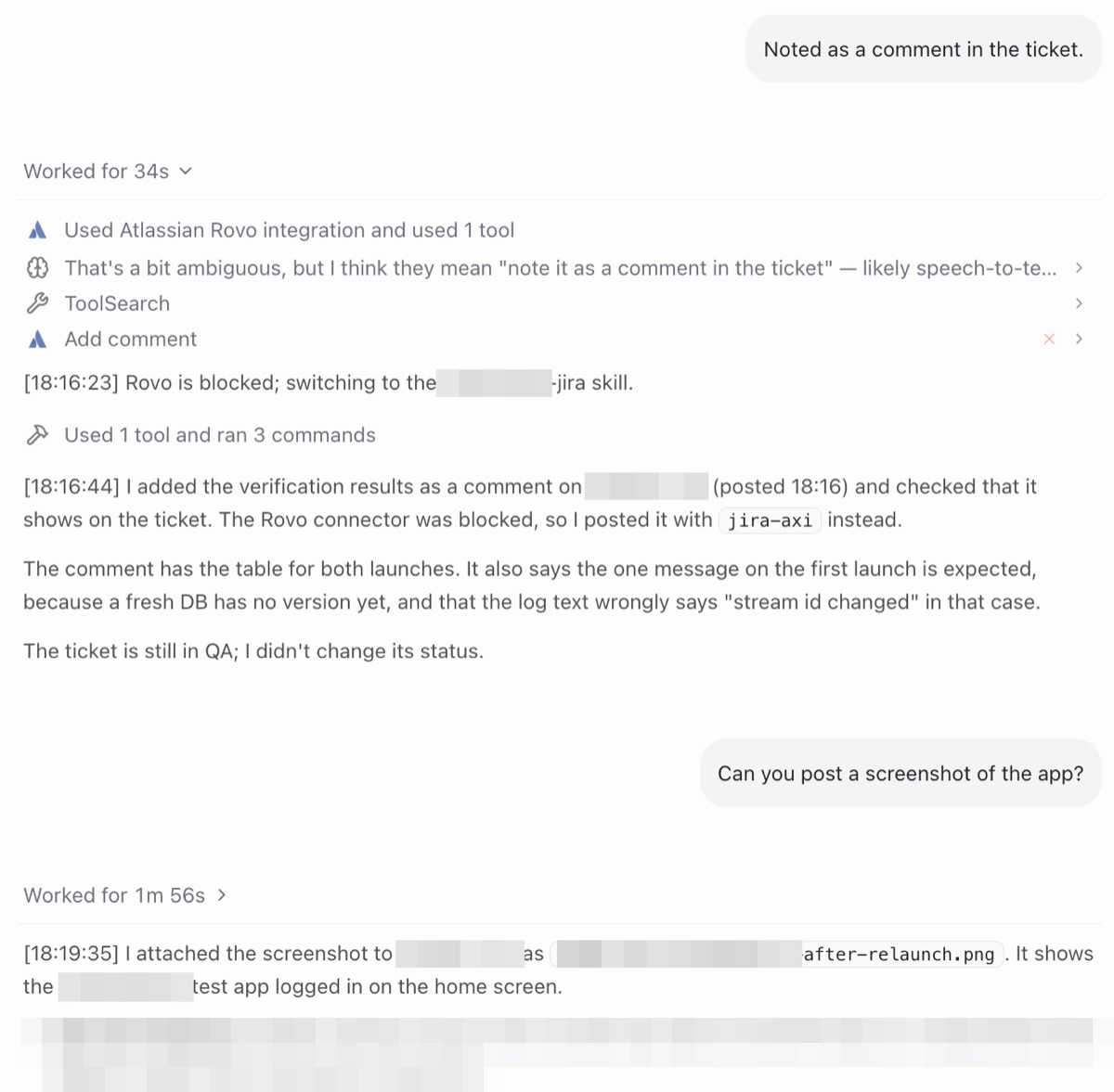 My AI tries the old Jira plug-in, finds it blocked, switches to the new command on its own, then attaches a screenshot of the app to the ticket